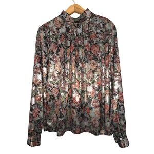 Dina Ariel Vintage Floral Metallic Mock Neck Blouse Size L Glam Holiday Party